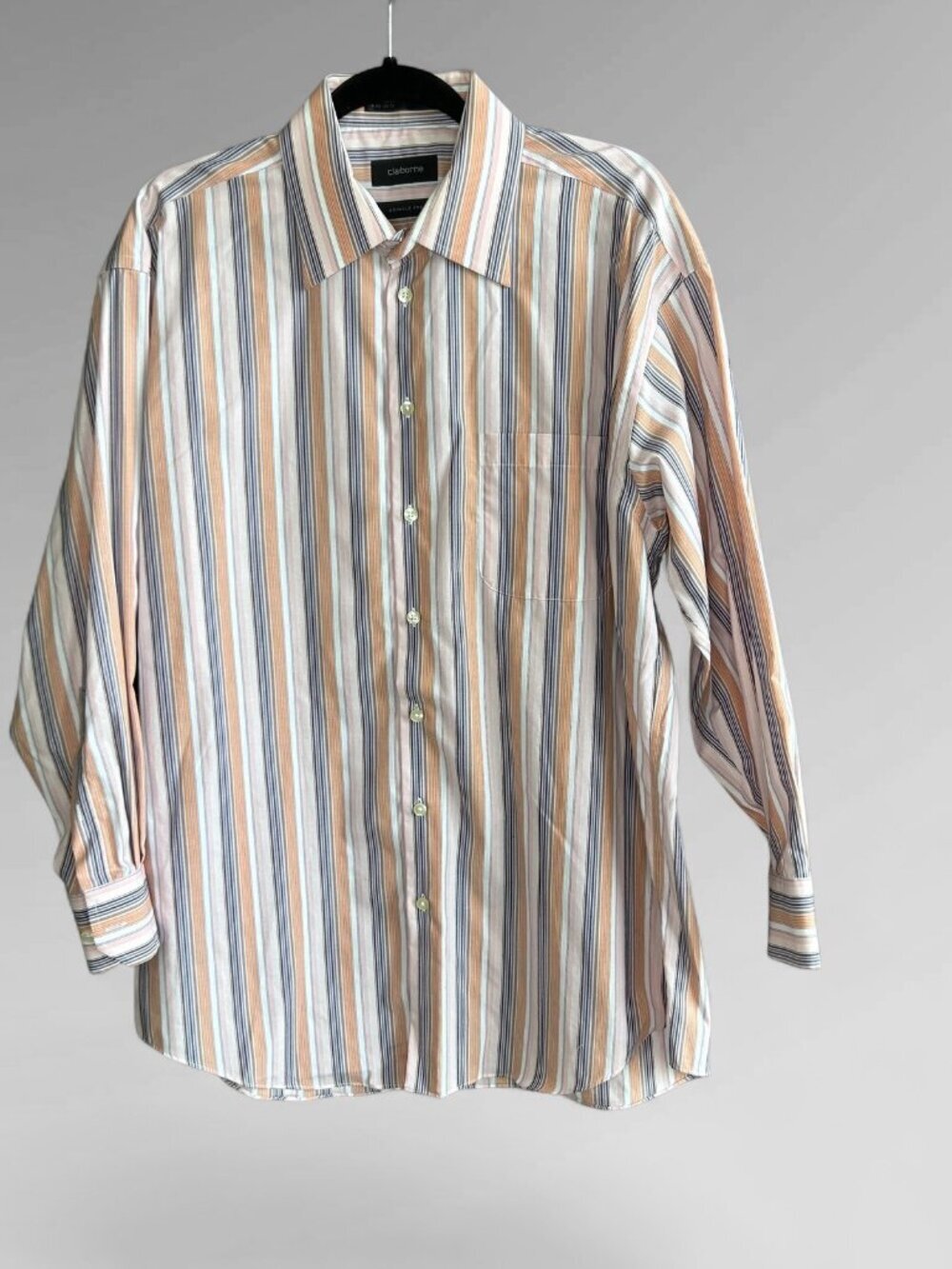 Claiborne Men's Vintage Shirt Peach Gray Striped Button Front Size Large